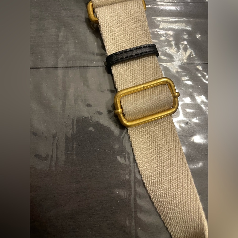 Stylish beige strap with black accents. Gold hardware. Adjustable length. - Picture 2 of 3